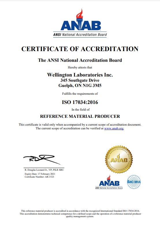 Wellington Laboratories Guide 34 Certificate